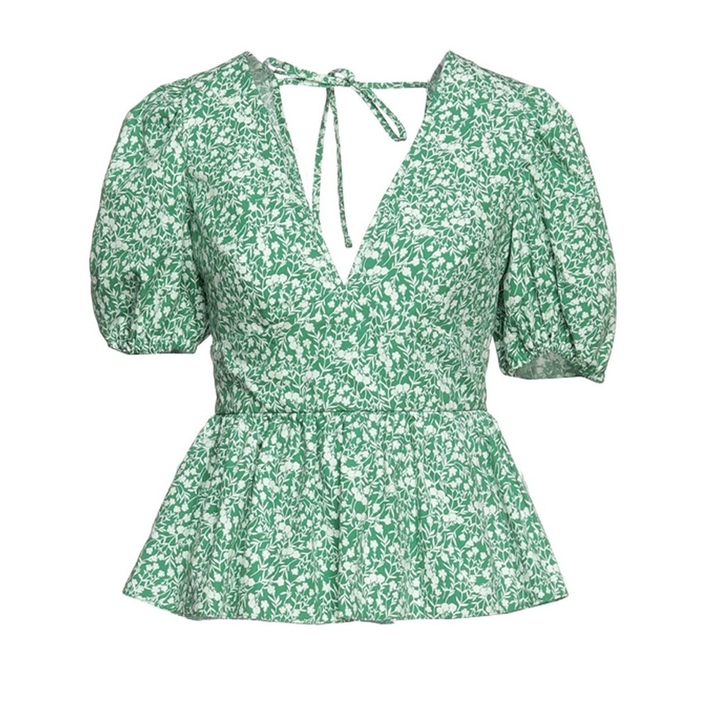 TOPSHOP WOMENS GREEN WHITE FLORAL PUFF SLEEVE BLOUSE 8